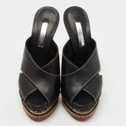 Pre Owned Casadei Black Leather Peep Toe Platform Slide Sandals Size 35