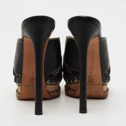 Pre Owned Casadei Black Leather Peep Toe Platform Slide Sandals Size 35