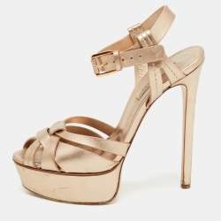 Pre Owned Casadei Metallic Gold Leather Ankle Strap Pumps Size 37