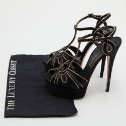 Pre Owned Casadei Black/Gold Satin and Leather Platform Sandals Size 37