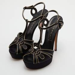 Pre Owned Casadei Black/Gold Satin and Leather Platform Sandals Size 37