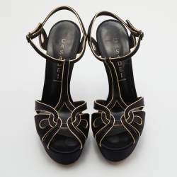 Pre Owned Casadei Black/Gold Satin and Leather Platform Sandals Size 37