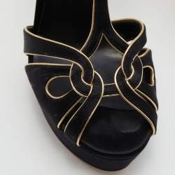 Pre Owned Casadei Black/Gold Satin and Leather Platform Sandals Size 37