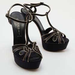 Pre Owned Casadei Black/Gold Satin and Leather Platform Sandals Size 37
