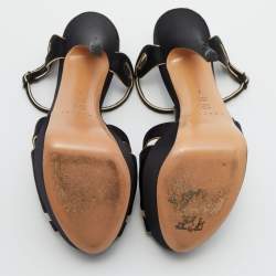 Pre Owned Casadei Black/Gold Satin and Leather Platform Sandals Size 37