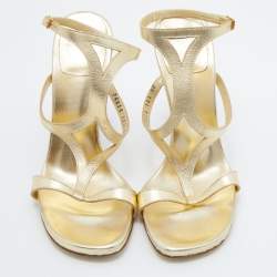 Pre Owned Casadei Metallic Gold Leather Ankle Strap Sandals Size 40