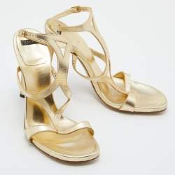 Pre Owned Casadei Metallic Gold Leather Ankle Strap Sandals Size 40