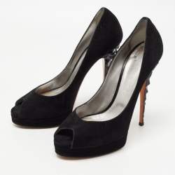Pre Owned Casadei Black Suede Peep Toe Platform Pumps Size 39