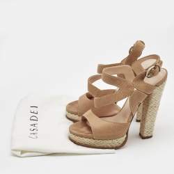 Pre Owned Casadei Light Brown Nubuck Leather Ankle Strap Espadrille Sandals Size 39