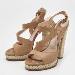 Pre Owned Casadei Light Brown Nubuck Leather Ankle Strap Espadrille Sandals Size 39