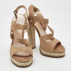 Pre Owned Casadei Light Brown Nubuck Leather Ankle Strap Espadrille Sandals Size 39