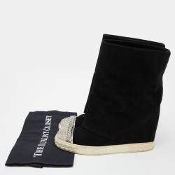 Pre Owned Casadei Black Suede Chain Cap Toe Foldover Wedge Boots Size 39