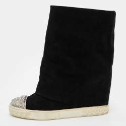 Pre Owned Casadei Black Suede Chain Cap Toe Foldover Wedge Boots Size 39