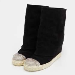 Pre Owned Casadei Black Suede Chain Cap Toe Foldover Wedge Boots Size 39