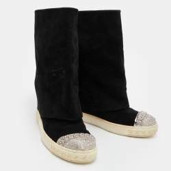Pre Owned Casadei Black Suede Chain Cap Toe Foldover Wedge Boots Size 39