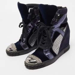 Casadei Tricolor Suede and Leather High Top Wedge Sneakers Size 38