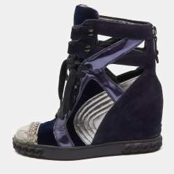 Casadei Tricolor Suede and Leather High Top Wedge Sneakers Size 38