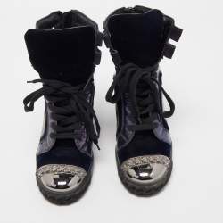 Casadei Tricolor Suede and Leather High Top Wedge Sneakers Size 38