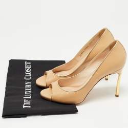 Pre Owned Casadei Beige Leather Blade Open Toe Pumps Size 37