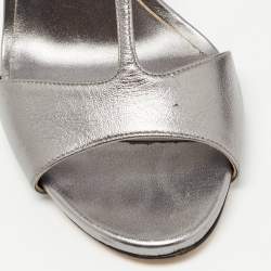 Pre Owned Casadei Metallic Silver Leather T-strap Sandals Size 39