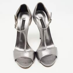 Pre Owned Casadei Metallic Silver Leather T-strap Sandals Size 39