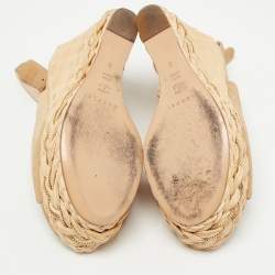Pre Owned Casadei Beige Suede Raffia Wedge Platform Slingback Sandals Size 38