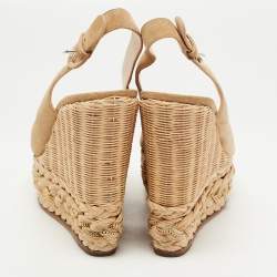 Pre Owned Casadei Beige Suede Raffia Wedge Platform Slingback Sandals Size 38