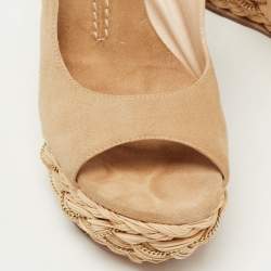 Pre Owned Casadei Beige Suede Raffia Wedge Platform Slingback Sandals Size 38