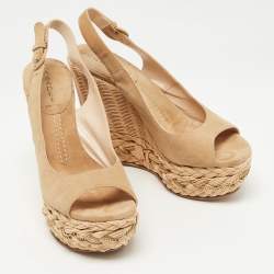 Pre Owned Casadei Beige Suede Raffia Wedge Platform Slingback Sandals Size 38