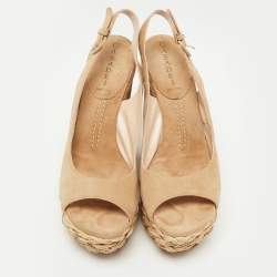 Pre Owned Casadei Beige Suede Raffia Wedge Platform Slingback Sandals Size 38