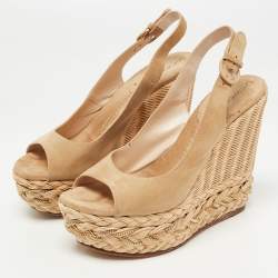 Pre Owned Casadei Beige Suede Raffia Wedge Platform Slingback Sandals Size 38