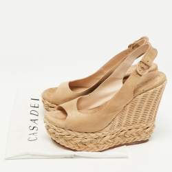 Pre Owned Casadei Beige Suede Raffia Wedge Platform Slingback Sandals Size 38