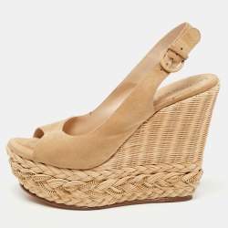 Pre Owned Casadei Beige Suede Raffia Wedge Platform Slingback Sandals Size 38