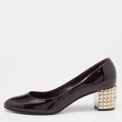 Pre Owned Casadei Burgundy Patent Block Heel  Pumps Size 37.5