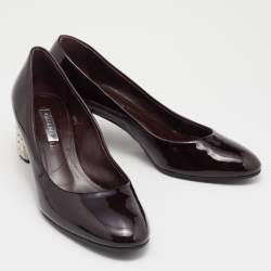 Pre Owned Casadei Burgundy Patent Block Heel  Pumps Size 37.5