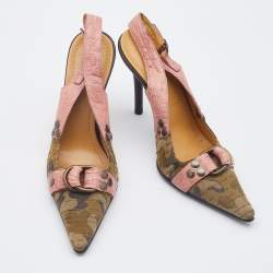 Pre Owned Casadei Pink/Olive Green Croc Embossed Leather and Camo Print Canvas Slingback Pumps Size 35