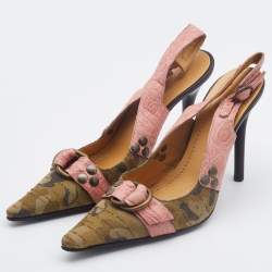Pre Owned Casadei Pink/Olive Green Croc Embossed Leather and Camo Print Canvas Slingback Pumps Size 35