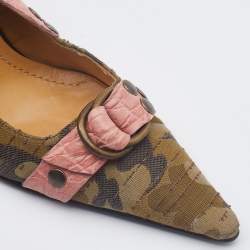 Pre Owned Casadei Pink/Olive Green Croc Embossed Leather and Camo Print Canvas Slingback Pumps Size 35