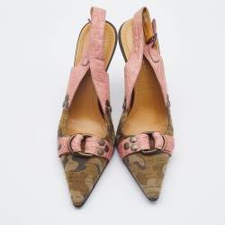 Pre Owned Casadei Pink/Olive Green Croc Embossed Leather and Camo Print Canvas Slingback Pumps Size 35