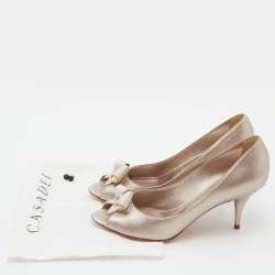 Pre Owned Casadei Metallic Leather and Satin Bow Peep Toe Pumps Size 39
