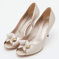 Pre Owned Casadei Metallic Leather and Satin Bow Peep Toe Pumps Size 39