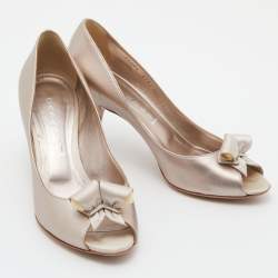 Pre Owned Casadei Metallic Leather and Satin Bow Peep Toe Pumps Size 39