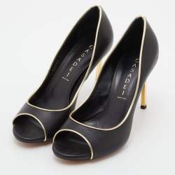 Pre Owned Casadei Black/Gold Leather Open Toe Blade Heel Pumps Size 37