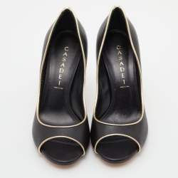 Pre Owned Casadei Black/Gold Leather Open Toe Blade Heel Pumps Size 37