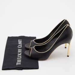 Pre Owned Casadei Black/Gold Leather Open Toe Blade Heel Pumps Size 37