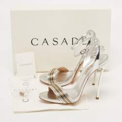 Pre Owned Casadei Metallic Silver Leather Piping Detail Ankle Strap Platform Sandals Size 37