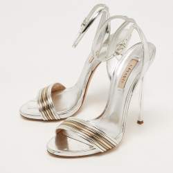Pre Owned Casadei Metallic Silver Leather Piping Detail Ankle Strap Platform Sandals Size 37