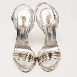 Pre Owned Casadei Metallic Silver Leather Piping Detail Ankle Strap Platform Sandals Size 37