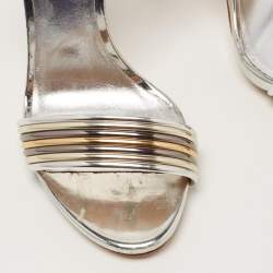 Pre Owned Casadei Metallic Silver Leather Piping Detail Ankle Strap Platform Sandals Size 37