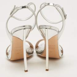 Pre Owned Casadei Metallic Silver Leather Piping Detail Ankle Strap Platform Sandals Size 37